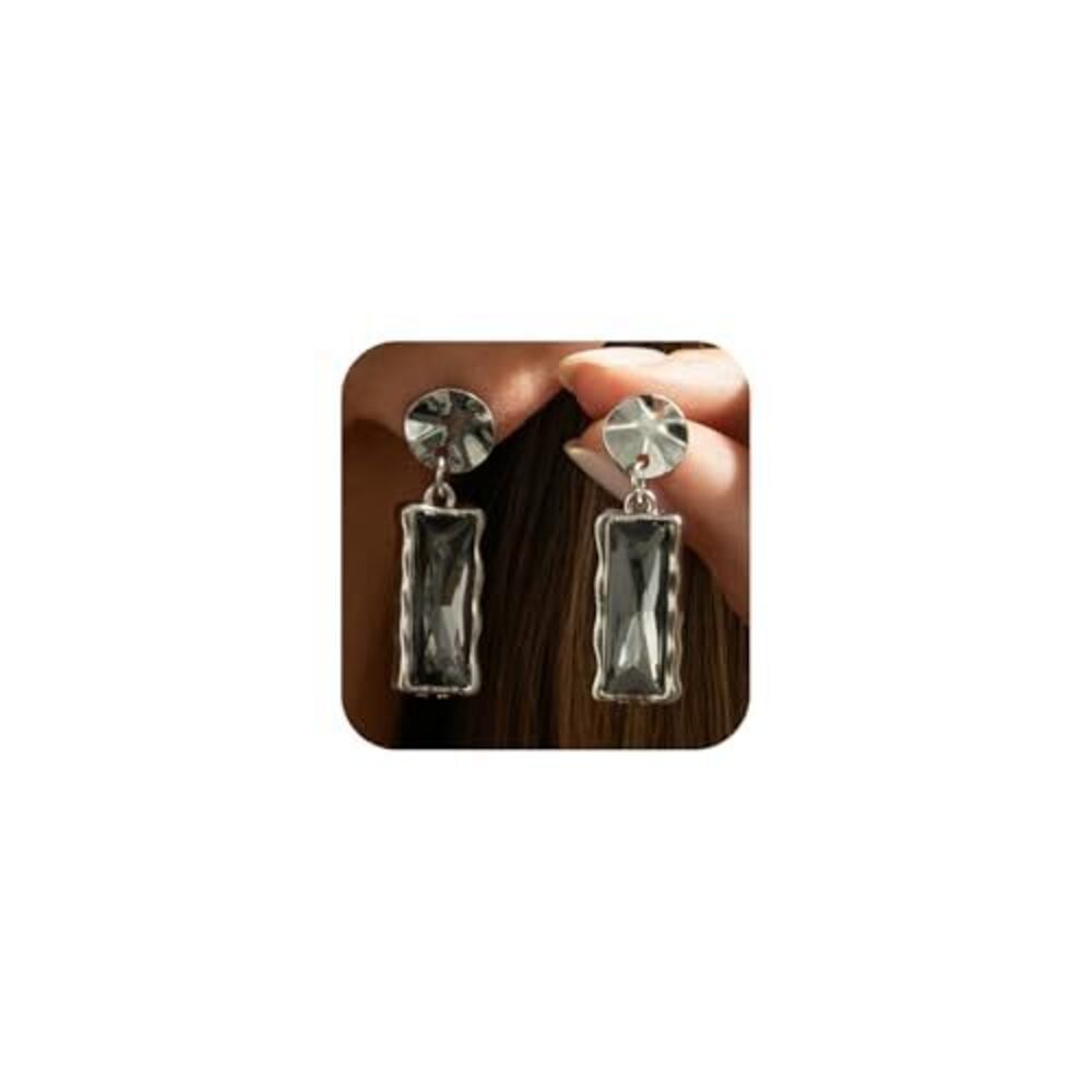 9126 Dainty Black Grey Sparkly Square Rhinestone Earrings , Vintage Silver